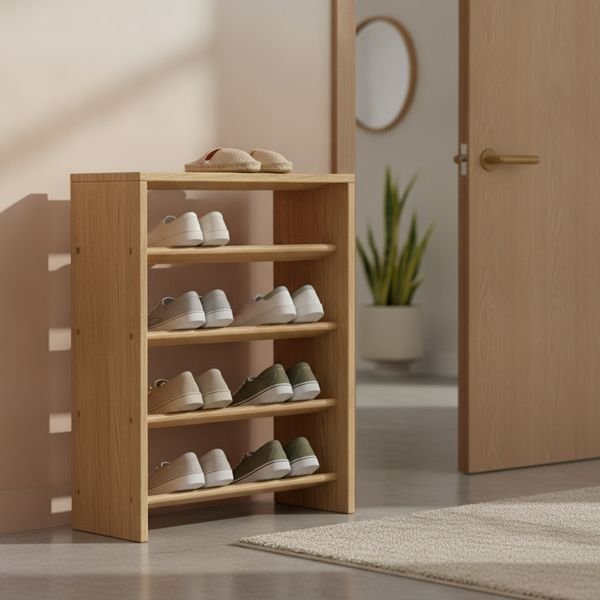 A shoe rack by the door